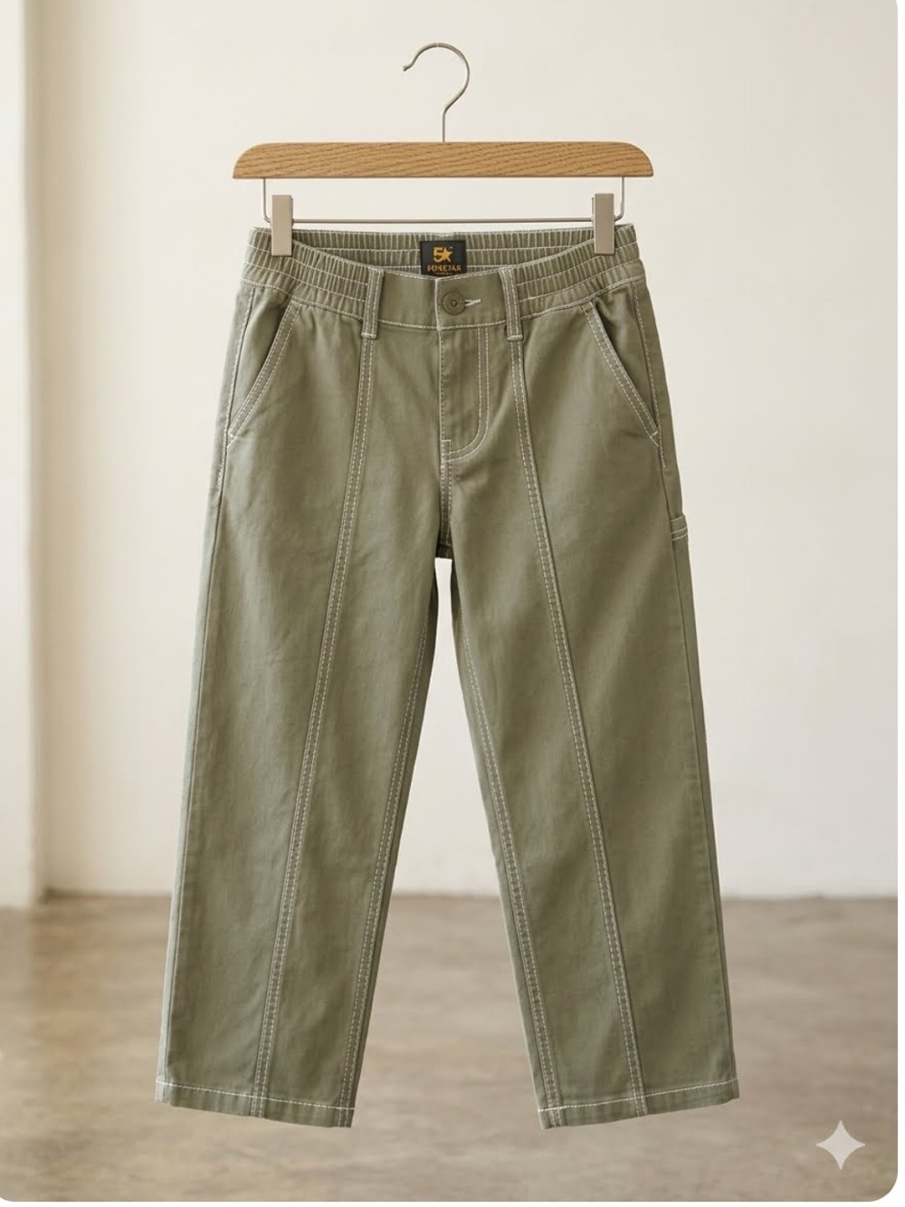 Five Star Boys Olive Utility Pants with Contrast Stitching- 100% cotton - size 8